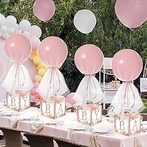 Wettarn 4 Set Pink Girl Baby Shower Table Centerpiece Decor 24'' Tulle Tutu Balloon with Letter Boxes Gender Reveal Centerpiece Balloon with White Tulle Cover, Stand, Boxes for Girl Birthday Party