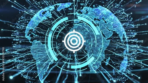 Digital world map with glowing network connection and circular target interface overlay conveying global data cybersecurity globe interface map network connection target data cybersecurity globe
