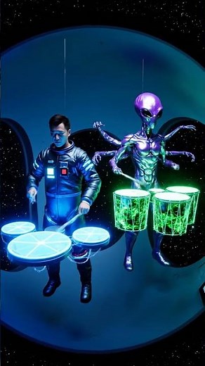 Alien and human playing the drums on a space station