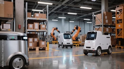 Autonomous mobile robot carrying cardboard box through smart warehouse. Panning shot of logistics facility.