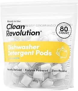 Clean Revolution Natural Dishwasher Detergent Pods, 80 Pods, Enzyme Powered, No Chemical Additives, No Residue, Made in the USA