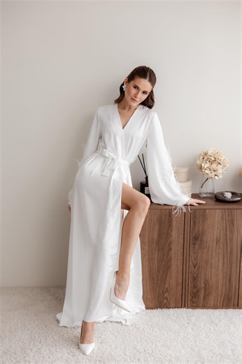 Custom Bridal Robe Set Handmade, Silk Long Bridal Robe With Feathers, Bridal Slip and Robe Set, Luxury Getting Ready Outfits Bridal Party - Etsy