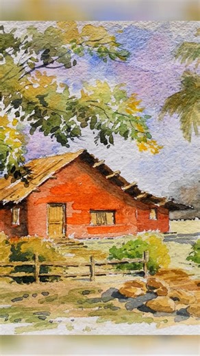 📌 Orange House Watercolour Landscape Painting