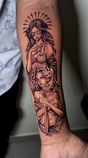 Tattoo_Bae on Instagram: "Lady justice pampering Medusa Lady Justice, an allegorical figure representing the moral authority of the legal system, is usually shown with scales, a sword, and often a blindfold, symbolizing impartiality and the rule of law. Medusa, on the other hand, is a figure from Greek mythology, often portrayed as a monstrous woman with snakes for hair and the ability to turn people to stone. Hey its Tattoo Bae, Im a freelance tattoo artist located at Angamaly. Contact us to bo