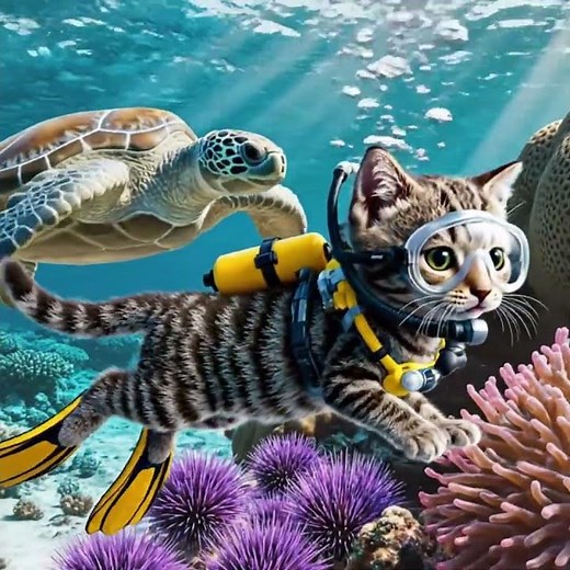 Tiny Scuba Diver Kitten Explores the Reef! 🐠🐾