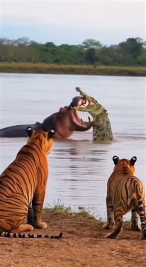 Tigers by the riverbank watch, stunned, as hippo and crocodile fight! 🐯🦛🐊