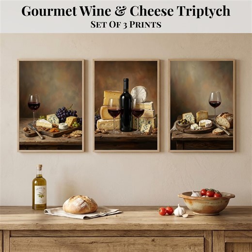 Gourmet Wine & Cheese Wall Art Set of 3 Prints, Charcuterie Board Triptych, Rustic Kitchen Decor, Wine Lover Gift, Printable Food Art - Etsy