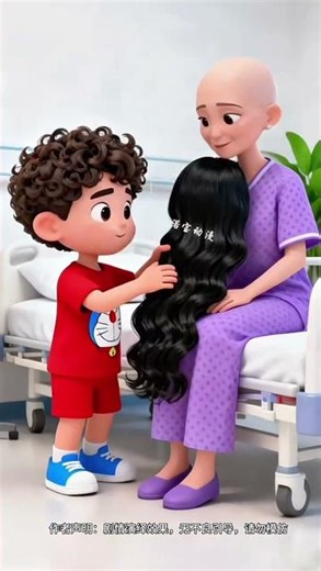 The little boy grows his hair long so that he can make a wig for his mother using 2D Animation A