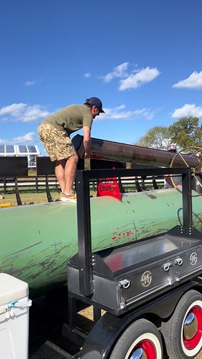 Setting up my new 1,000 gallon Mill Scale offset with my bud @LukeBryan for her first cook. She needs a name. With a 5 foot Santa Maria grill, a 6 foot stainless prep table, red wheels and smoothies, she sure is sexy! Drop your suggestions in the comments below. More details and photos to come….. #StayTuned #MeatChurch #TexasBBQ #MillScale #MeatChurchBBQ #BBQTikTok #BBQ #Smoker #OffsetSmoker #LukeBryan #CountryMusic #Nashville #SantaMaria #RatRod #HotRod #Grilling