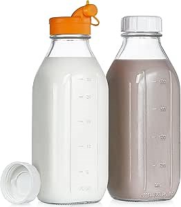 32 oz Reusable Glass Milk Bottles with Silicone Dispenser Cap, 2 Pack Glass Jars with Airtight Screw Lid, Leak Proof Juice Bottles with Scale Mark Breastmilk Storage Container for Fridge