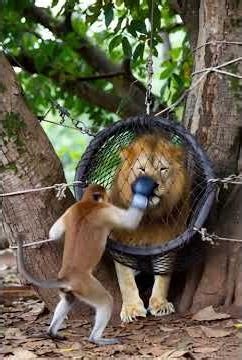 Funny monkey vs lion #funnyanimals #funnytiktok #lion #monkeyvideos #