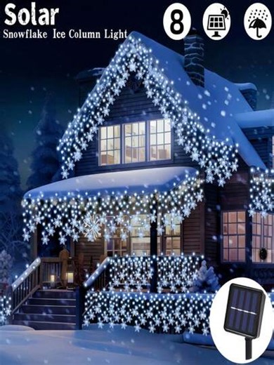 Christmas Solar Snowflake Ice Column Light/Solar Ice Bar Light String 11.48ft/22.97ft, 8-Mode - IP65 Waterproof, Suitable For House Decoration, Christmas, Wedding, Party, Festival, New Year Decoration, Creating Atmosphere With Decorative Lights In Color, Warm White, White | SHEIN
