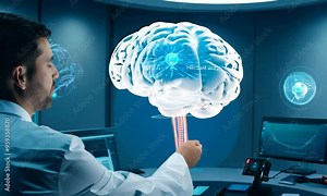 Medical Researcher Analyzing AI-Driven Virtual Brain