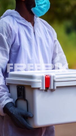 Healthcare Worker in Protective Gear Carrying a Biohazard Container for Safe Transportation of Medical Samples or Specimens to a Lab for Testing and Analysis | Premium Stock Video Footage