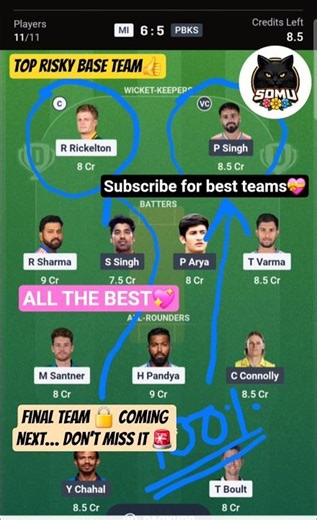 MI vs PBKS Team 2 ☠️GL King Somu | oyy_somu_india 💥 Final Team Coming…