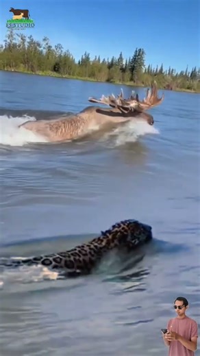 Aksi kejar kejaran dalam air, Jaguar mengejar moose di sungai #animals #jaguar #moose
