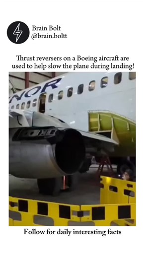BRAIN BOLT on Instagram: "Jets don’t rely on brakes alone when they touch down, because physics is rude and momentum doesn’t care. On Boeing aircraft, thrust reversers flip part of the engine’s exhaust forward the moment the wheels hit the runway, creating a powerful backward force that helps slow the plane fast. Instead of all that forward thrust pushing the aircraft ahead, it’s redirected to fight the motion. This matters most on wet, icy, or short runways where wheel brakes alone would strugg
