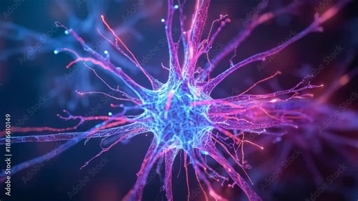 Brightening soma starting pulses, neuron-like cell sending signals along branches, nodes glinting