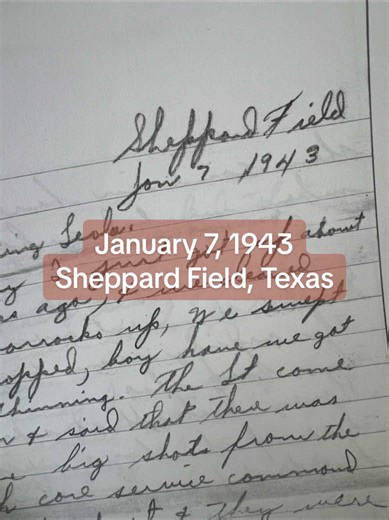 January 7, 1943 - Sheppard Filed, TX. A quick letter my grandma wrote my grandma talking about a typical day in #WW2 while he was training to become an airplane mechanic.