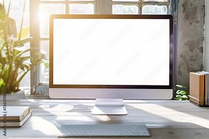 Computer with a blank screen on a desk with a keyboard, mouse, plants, and books in a sunny room.
