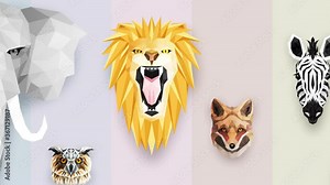 Collection of different animals. Zoo symbol. Low polygon icons. Lion, Gorilla, Zebra, Raccoon, Fox, Elephant, Deer, Owl. Geometric loop animation set.