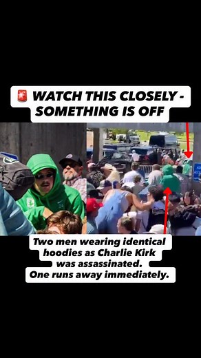 🚨 WATCH THIS CLOSELY - SOMETHING IS OFF As Charlie Kirk was assassinated, a man stood near his tent wearing a thick, bright green hoodie in 90° summer heat - sunglasses on, face hidden. That alone is strange but it gets worse. Frame-by-frame: there aren’t one, but two men in the exact same hoodie. One lingers near the tent. The other bolts from the scene the moment it happens. Two identical hoodies. One shooting. Someone planned this. The question is who? | Hustle B