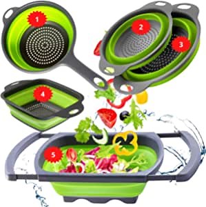 OMAISSA Collapsible Colander, Set of 5 PCS, Collapsible Strainer, Over Sink Silicone Kitchen Strainer with Extendable Handles, Food Colander Perfect for Draining Pasta, Spaghetti, Fruits, Vegetables