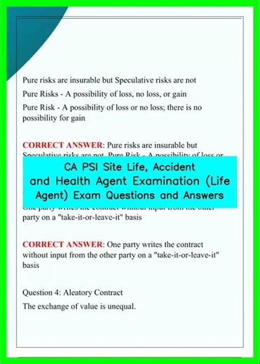 CA PSI Site Life, Accident and Health Agent Examination Life Agent Exam Questions and Answers vide