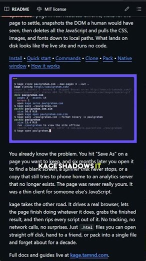 Kage: Shadow any website for offline viewing, with the JavaScript stripped out