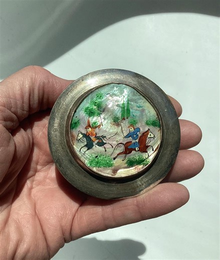 Etched Silver Tone Pill Box: Painted Mother-of-pearl Inlay, Horsemen Scene, Mirror Inside - Etsy