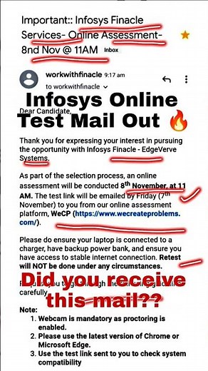 Infosys Finacle Test Mail Out 🔥 | 8 Nov Online Assessment #Infosys #InfosysFinacle #InfosysTestMail