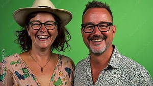 Joyful couple laughs together against a vibrant green screen backdrop, perfect for customizing with any setting
