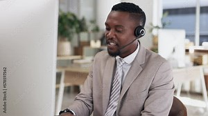 Call center, typing and computer with black man in office for advisory hotline, customer service and communication. Help desk, friendly and consulting with crm employee for agency, contact us or sale
