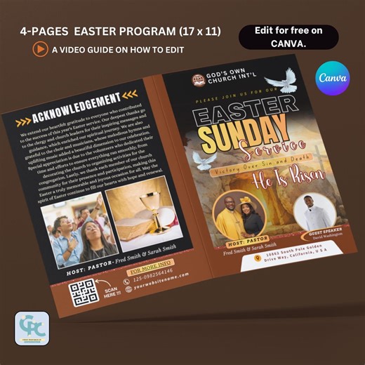 4 Pages Easter Church Program - Editable Resurrection Sunday Program (17x11) Folded (11x8.5) Bi-fold, Order of Service, Holy Week Canva. - Etsy