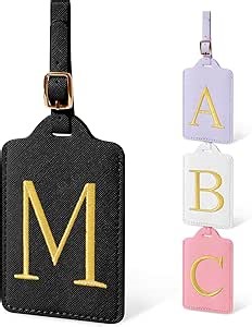 Personalized Initial Luggage Tags for Suitcases, Cute PU Leather Embroidered Letter Travel Luggage Tags, Suitcase Identifier Name Baggage Tag, Bag Tags for Men Women Kids Luggage Handbags(Black M)