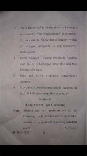 Measure thorey and integration paper MSc third sem Maths -Mjpru