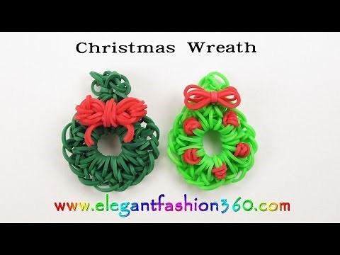 Easy Rainbow Loom Holiday/Christmas Wreath Charm(Hook) - How to Loom Bands Ornaments
