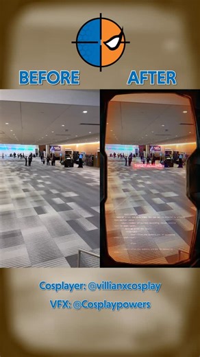 VFX for Cosplayers on Instagram: "The power of post-production. 💥 Check out this Before vs. After VFX breakdown. We took a standard convention hall shot and added a custom HUD interface, spark particle effects, and weapon tracking to bring Deathstroke to life. The lighting integration on the visor really sells the realism. 🦾 Cosplayer: @villianxcosplay VFX: @Cosplaypowers #galaxycon #galaxycon2025"
