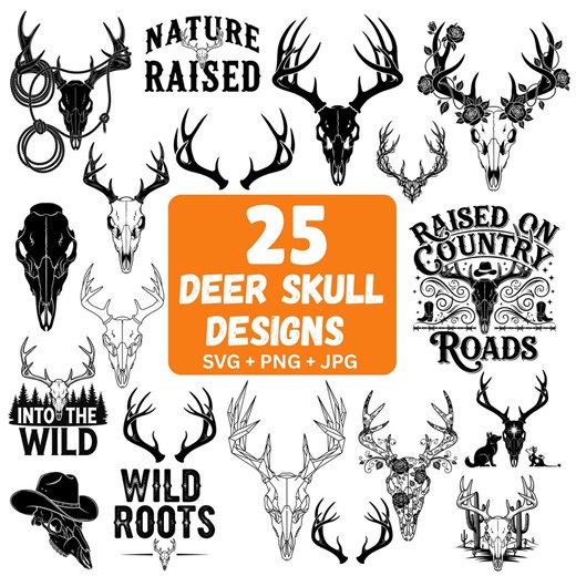 Deer Skull SVG Bundle | Rustic Antlers, Western Designs (svg, Png, Jpg - Etsy