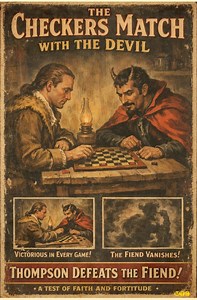 Fur Trade / Explorer Legend. David Thompson. The Checkers Match with the Devil. One of the most famous legends involves a supernatural encounter David Thompson had while stationed at a remote northern post in 1784. The Vision: Thompson claimed that while he was sitting alone at a table with a checkerboard, the devil—described with short black horns and a "Spaniard's" features—sat down opposite him. The Outcome: They played several games, and Thompson won every single one. The devil eventually va