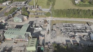 Chemical plant industrial demolition project. Decommissioning and demolition, removal and disposal of asbestos storage equipment, buildings and structural steelwork. Enviromental and global pollution