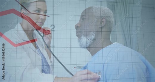 Doctor placing stethoscope on patient and assessing while grid showing red graph declining health