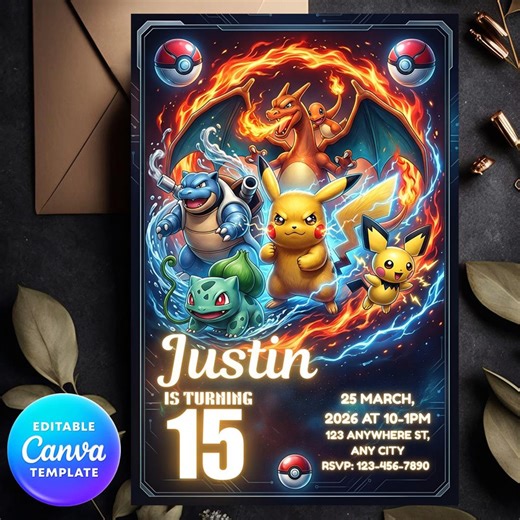 Pocket Monsters Birthday Invitation Template, 15th Birthday, Kids Electric Monster Party Invite Digital Download - Etsy