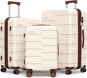 Luggage Sets 3 Piece (3-YEARS VIP SERVICE) Hardside Expandable Ultra Durable 100% PC Lightweight Carry On Travel Suitcase Set with TSA Lock Spinner Wheels, White Brown