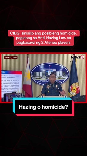 HAZING O HOMICIDE? Tinututukan ng Criminal Investigation and Detection Group (CIDG) ang dalawang posibleng anggulo sa kanilang imbestigasyon kaugnay ng pagkamatay ng mga student-athlete na sina Rene Baterbonia at Divine Adili. Ayon kay CIDG Chief Police Major General Alexander Morico II, kabilang sa mga tinitingnang posibleng kaso ang homicide at paglabag sa Anti-Hazing Act of 2018. | via Jazz Paredes