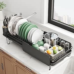 SNTD Large Dish Drying Rack - Expandable (19.3" to 29.4") Dish Rack for Kitchen Counter, Stainless Steel Dish Drainer with Utensil Holder, Pan Holder & Pot Lid Holder, Black