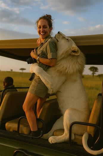 22K views · 596 reactions | A gentle white lion hops into the safari vehicle and gives the tourist the warmest hug ever. Golden hour made it even more unreal 女 — AI-Generated Scene Created safely using AI. No humans or animals were in danger. #aireelism #lion #whitelion #safari #wildlife #africa #bigcatmoments #reels #viral #animallovers #usa | AI Reelism | Facebook