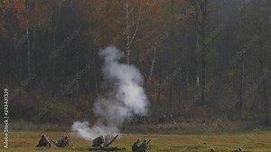 Mortar shot in slowmotion, Explosions and blasts on battlefield, Russian Army against german forces during Historical reenactment of second world war
