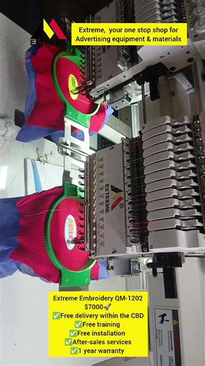 Level Up Your Embroidery Game!🚀 Get the Extreme Embroidery Machine QM1202 on offer for $7000 only! ✅️💪 High speed & precision stitching for bulk orders ✅️🔥 Dual heads – work on two designs at once ✅️📱 User-friendly touch screen – easy to operate ✅️💼 Durable & reliable – built for long hours ✅️👕 Professional results on all fabrics 🎯Extreme is a one stop advertising equipment supplier with over 20 years of industry experience. It has local warehouses in many African countries and a strong t