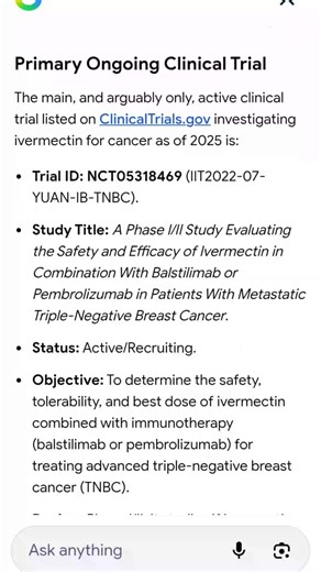 It is undisputed that preclinical data warrants significant investment of time and resources from pharmaceutical companies to initiate an active clinical trial. A Google search result above indicates an ongoing clinical trial exploring ivermectin's efficacy in triple-negative breast cancer that has metastasized. Furthermore, the provided IC50 value in preclinical data signifies the concentration of the drug that inhibits 50% of tumor growth, a critical metric determining potential for further cl